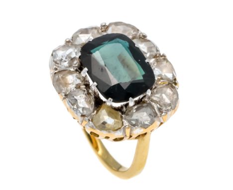 Saphir-Diamantrosen-Ring GG 585/000 mit einer im Antikschliff fac. Saphir-Dublette 9,83 x 7,79 x 3,85 mm und 10 Diamantrosen 