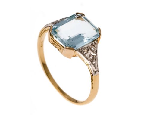 Aquamarin-Ring GG/WG 585/000 mit einem im Smaragdschliff fac. Aquamarin 11,0 x 9,1 x 4,8 mm und 6 Diamantrosen, RG 61, 3,5 g