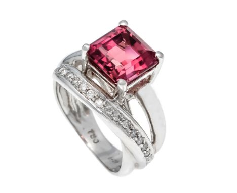 Turmalin-Briliant-Ring WG 750/000 mit einem im Smaragdschliff fac. pinken Turmalin 8,9 x 8,9 x 6,9 mm in guter Farbe und Bril