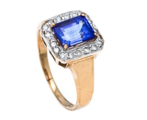 Harry Ivens Tansanit-Brillant-Ring GG 375/000 mit einem im Smaragdschliff fac. Tansanit 8,1 x 6,1 x 5,0 mm und Brillanten, zu