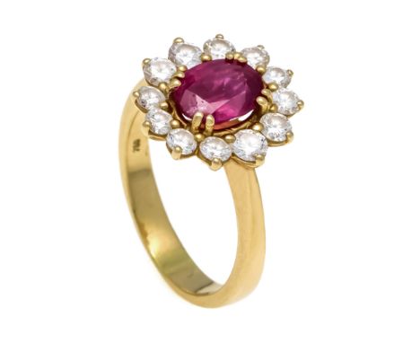Rubin-Brillant-Ring GG 750/000 mit einem oval fac. Rubin 8,0 x 6,3 mm in sehr guter Farbe und Reinheit, sowie 12 Brillanten, 