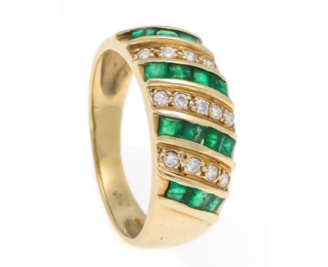 Smaragd-Brillant-Ring GG 585/000 mit fac. 14 Smaragd-Carrés 2 mm in guter Farbe und 13 Brillanten, zus. 0,18 ct W/SI, RG 55, 