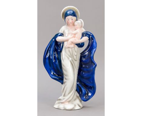 Madonna mit dem Jesusknaben, Goldscheider, Wien, Keramik, 1930er Jahre, farbig glasiert, Modellnr.7212/145/10, Malersignatur,