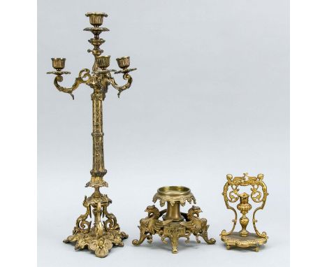 3 Leuchter, Ende 19. Jh., Bronze mit Restvergoldung, H. bis 47 cm