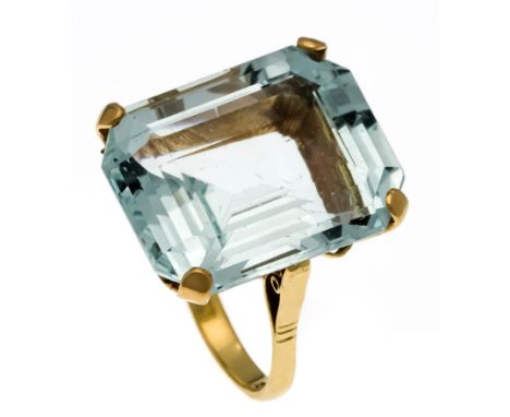 Aquamarin-Ring GG 585/000 mit einem im Smaragdschliff fac. Aquamarin (l. best. Facetten) ca. 20 ct, 19,6 x 15,6 x 9,4 mm, RG 
