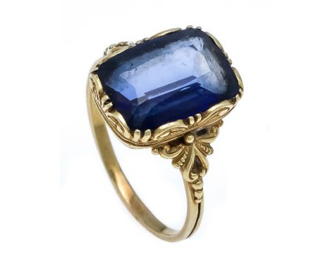 Synth. Saphir-Ring um 1900 GG 585/000 mit einem im Scherenschliff fac. synth. Saphir 13,0 x 9,6 mm, RG 56, 5,0 g