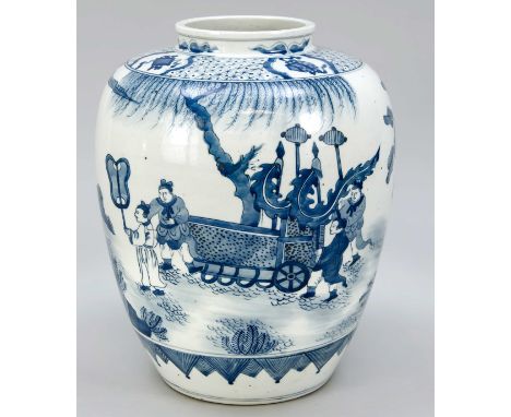 Großer Schultertopf, China, 19./20. Jh., etwas apokrypher Kangxi Style Dekor in Kobaltblau, auf der Schulter passige Kartusch