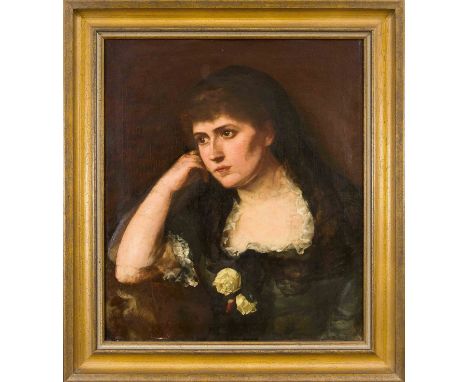 A. v. Sluijter, niederländischer Bildnismaler des 19. Jh., Portrait einer Frau mit gelber Rose am Dekolleté, Öl auf Lwd., u. 