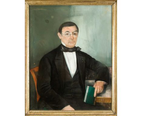 Anonymer Bildnismaler des Biedermeier, 1. H. 20. Jh., Portrait eines Mannes mit Brille und Buch, Pastellkreide auf Papier, un