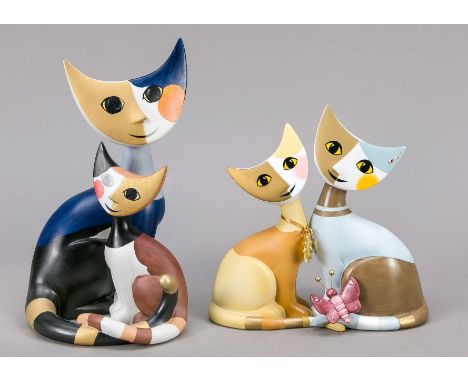 Zwei Katzenpaar, Goebel, 21. Jh., Entwurf Rosina Wachtmeister, polychrom stffiert, Gold, H. bis 22 cm