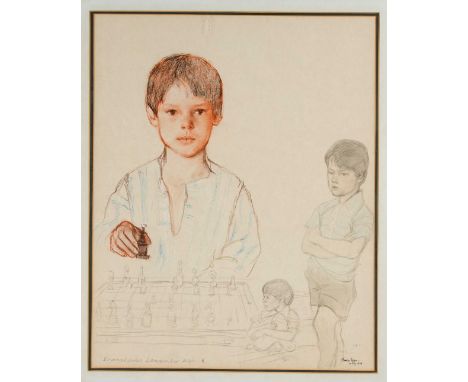 Thomas Ryan (*1929), Portrait eines Jungen mit Schachbrett und in zwei weiteren Posen, Farbkreide und Bleistift auf Papier, u