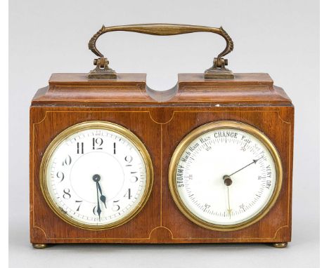 Uhr mit Barometer, England, Anfang 20. Jh., Mahagoni furniert. Schwenkbarer und leicht ornamentierter Bügelhenkel, ca. 15 x 2