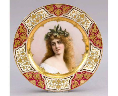 Bildnisteller, in Vienna Manier,  um 1900, in Spiegel Portrait eines jungen Mädchens, sign., Wagner, in der Fahne Goldverzier