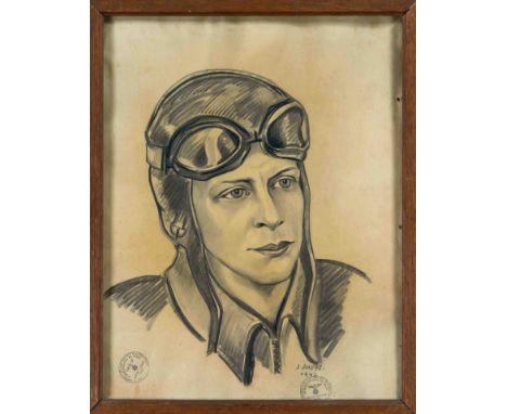 E. Schlops, Portrait einer Fliegerin (Leni Riefenstahl?), Kohlezeichnung auf gelblichem Papier, u. re. sign. u. dat. 1942, zw