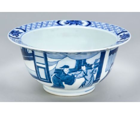 Blau-weiße Schale, China, 17./18. Jh. (Kangxi/Qing). Kobaltblauer Dekor im Spiegel Boys einen Drachen steigen lassen, auf dem