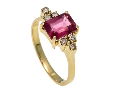 Rubin-Brillant-Ring GG 585/000 mit einem achteckig fac. Rubin 2,28 ct und 6 Brillanten, zus. 0,18 ct fancybrown/PI1, RG 53, 2