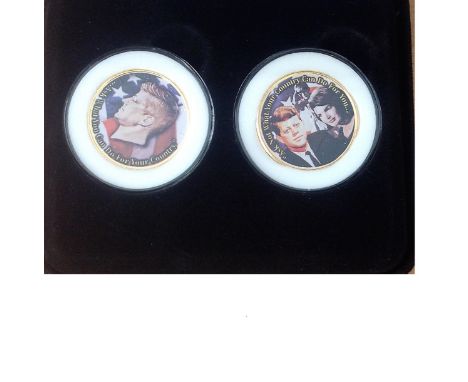 JFK Colorized Merrick Mint Half Dollar Duo coin set in black presentation box. Two 24ct gold plated US Half dollar coins with