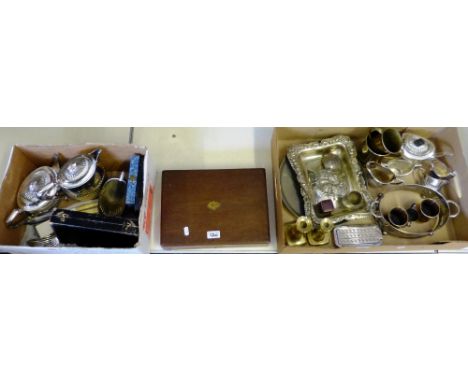 A fish service in oak canteen, together with two boxes of metalware including two plated tea services, tankards, graduated ju