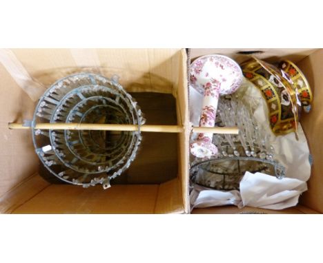 Two chandeliers, a large Spode candlestick and a Royal Crown Derby twin-handled dish (af) (2)