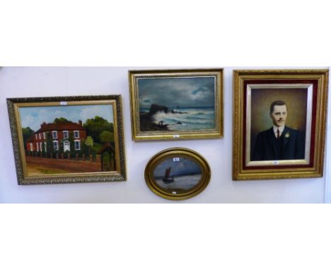 J. H. Robinson, brick built house, oil on board, 44cm x 60cm, gilt frame, two oils of coastal scenes and a portrait (4)