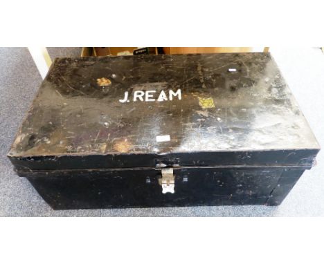 A large tin trunk, together with contents to include a pewter tea set and two mincers