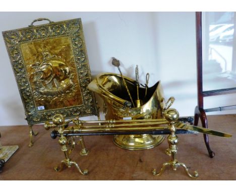 A brass coal helmet and fire screen, together with toasting fork and brush and shovel