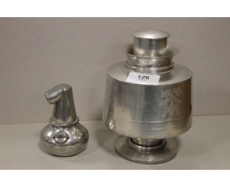A METAL ORIENTAL TEA CADDY & A WHISKY QUAICH 