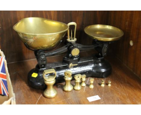 A SET OF BRASS & CAST SCALES & WEIGHTS
