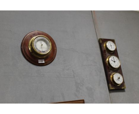 AN OAK FRAMED BAROMETER & A BAROMETER AND CLOCK SET