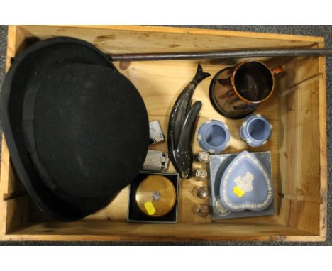 A WINE BOX CONTAINING COLLECTABLES TO INC A SWAGGER STICK. BOWLER HAT ETC