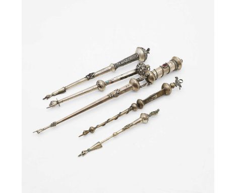 A group of five Russian silver yad or Torah pointers, late 19th century, to incude paste set examples,longest 40.5cm 10.8ozt 