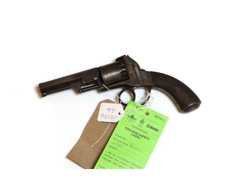 An open framed percussion six shot revolver Webley type, with octagonal barrel, chequered two piece grip, folding ramrod,10cm