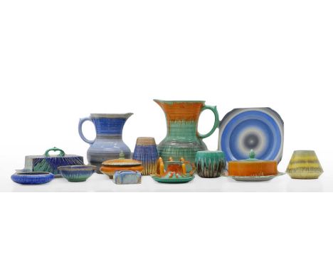 A quantity of Shelley Harmony teawares,  mid 20th century, each decorated with multi coloured glazes, to include a rectangula