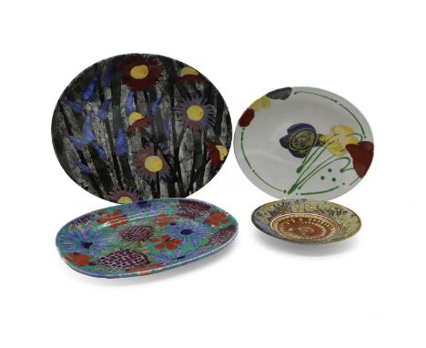 A group of studio pottery, of recent manufacture, including a Dartington Pottery platter by Alison Nichol, decorated with a f