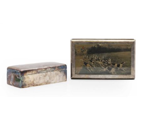 A silver cigarette box, by William Comyns, London 1900, 19.5cm wide 9cm deep6.5cm high, and a silver plated cigar box, the co