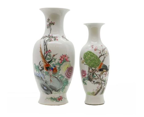 Two Chinese porcelain vases 20th century, each decorated with exotic birds, the smaller with a four character mark, 34.5cm an