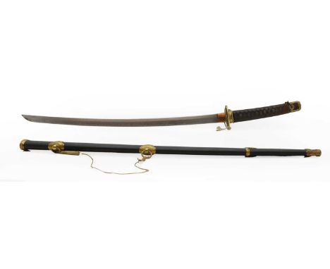 A Japanese katana  Meiji period (1868-1912), the same (shagreen) tsuka (handle) wrapped in brown ito (braid), with a rounded 