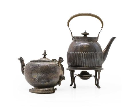 A silver spirit kettle and stand by Charles Stuart Harris, London 1884, with reeded body, the stand on tapering legs with paw