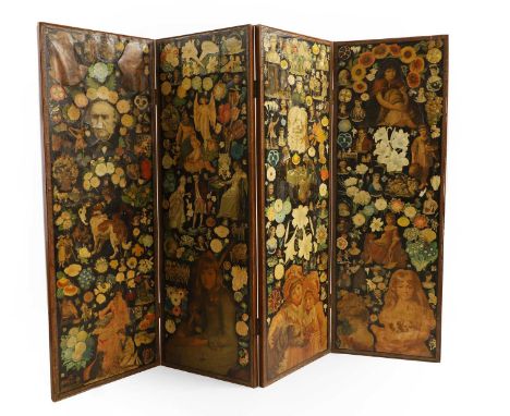 A four-fold scrap screen 19th century, each panel decoupaged with Victorian scraps, to a dark ground, 56cm wide160.5cm high