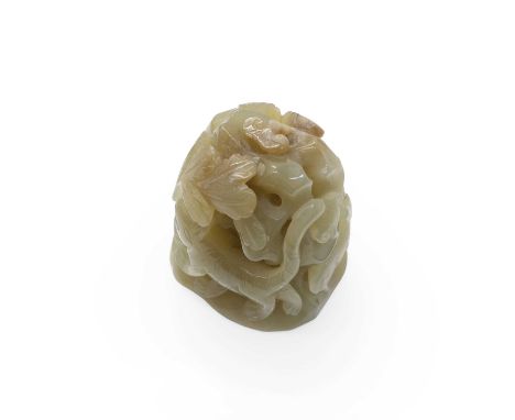 A Chinese jade carving, 20th century, of a finial, carved with a tiger and deer in the garden, 5cm highCondition ReportModern