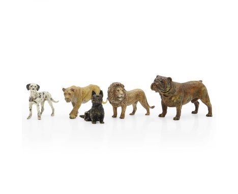A group of Austrian cold painted bronze animals to include four examples after Franz Bergmann, a lion, 12.5cm wide, lioness, 