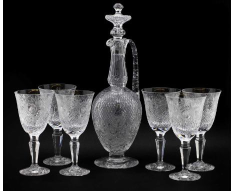 A Stevens and William intaglio cut set of six wine glasses and a claret jug and stopper, each piece inscribed with facsimile 