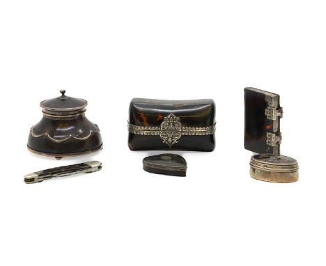 A group of tortoiseshell and silver mounted items comprising a inkwell by William Comyns &amp; Sons, London 1904, 8cm high, a
