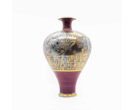 A Studio lustre vase, 20th century, with a purple ground, a band of fish on a brush gold ground, with gold bands, unmarked, 4