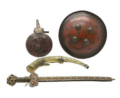 A collection of Middle Eastern decorative items A leather powder flask,15cm diameter,A sword made of asian coins,47cm long,A 