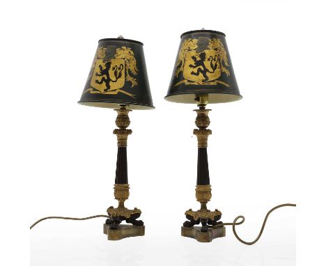 A pair of gilt bronze and painted toleware table lamps, the toleware shades on column and triform base50cm high (2)Condition 