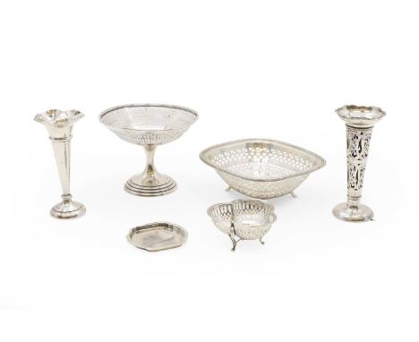 A collection of silver items to include a pierced pedestal dish,a pin dish, by Charles S Green &amp; Co Ltd, Birmingham 1984,