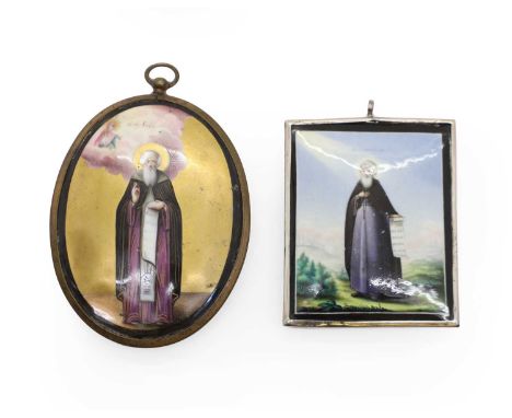 A miniature porcelain icon depicting Saint Sergius of Radonezh, with script verso, the oval panel in a gilt metal frame8 x 6c