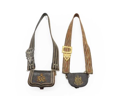 A Royal Army Medical Corps Officer's cross pouch 19th century, the black leather pouch with Royal crest and striped canvas st