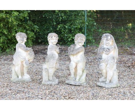 A weathered set of the Four Seasons, in typical pose, on plinth base38cm wide81cm high (4)Condition ReportWith chips and loss